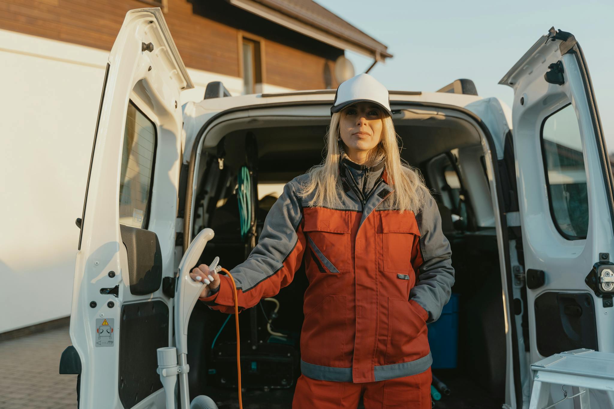 Female worker in uniform arrives at an appointment in Provo to perform an HVAC inspection
